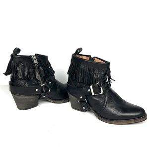 All Saints Boony Cuban Heels Black Leather Fringe Harness Ankle Booties EUR 37